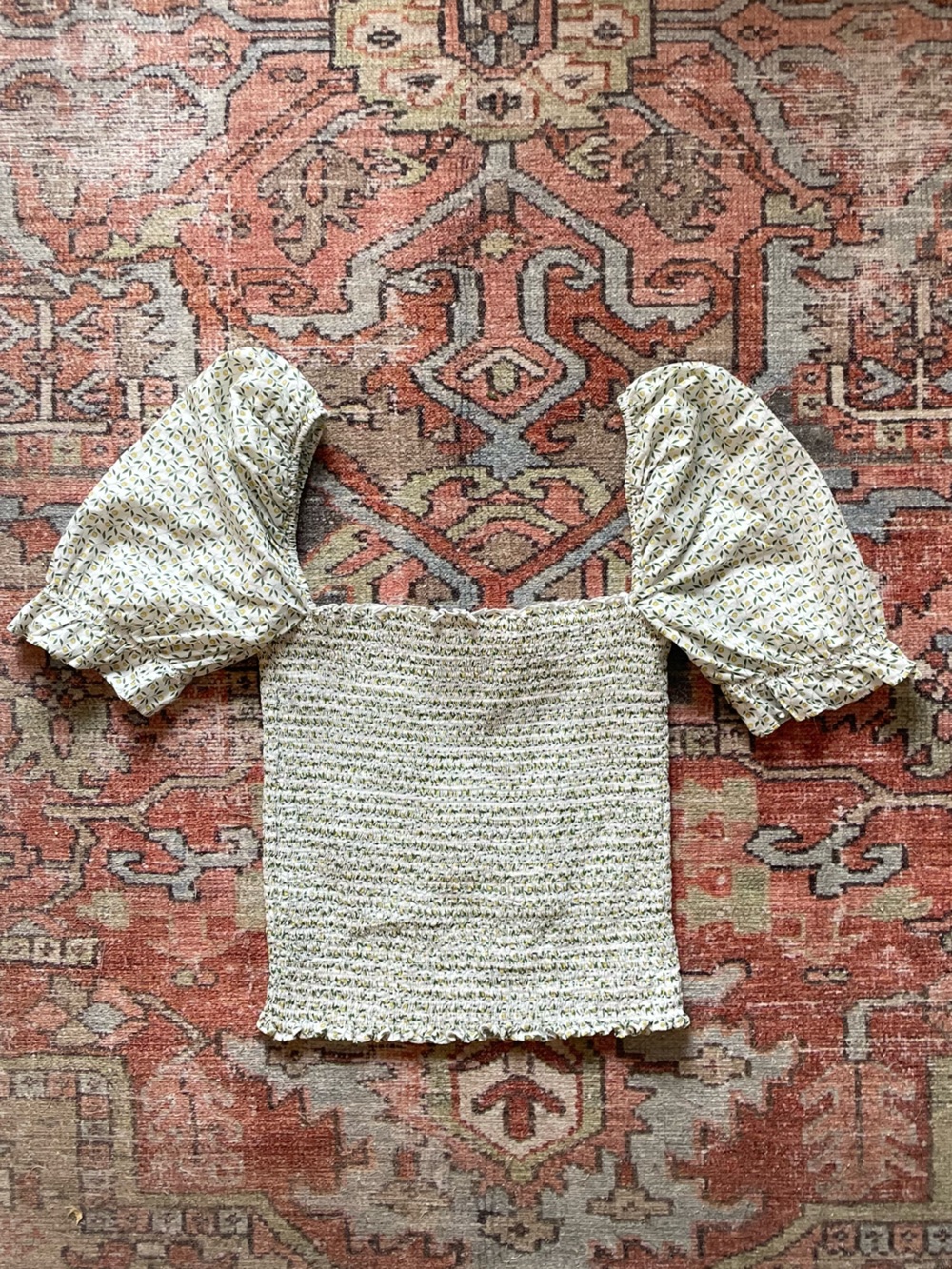 Petite Studio Cream Smocked Off-Shoulder Top with Floral Puff Sleeves